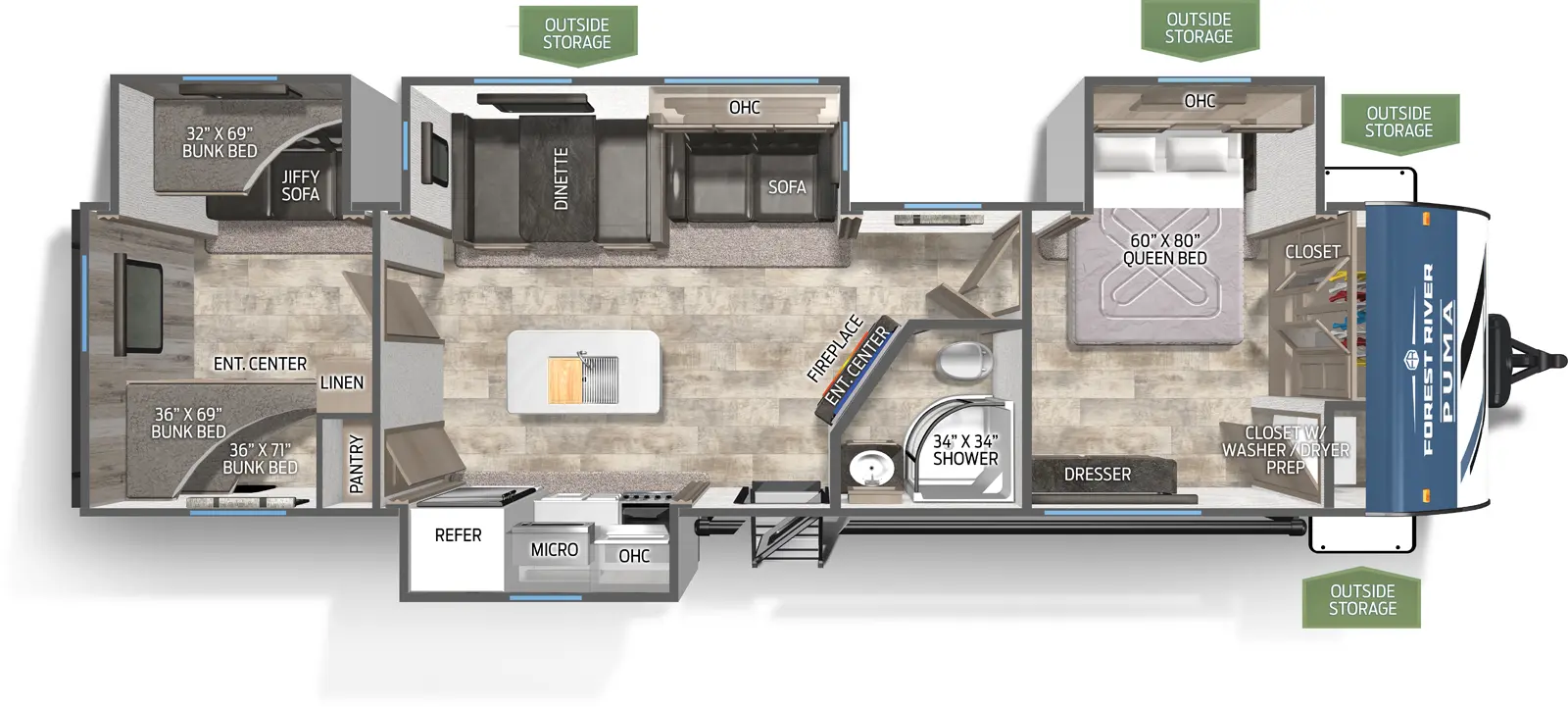 The Puma 32BHFS floorplan has one entry and four slide outs. Exterior features include: metal exterior and 21' awning. Interiors features include: bunk beds, kitchen island and front bedroom.